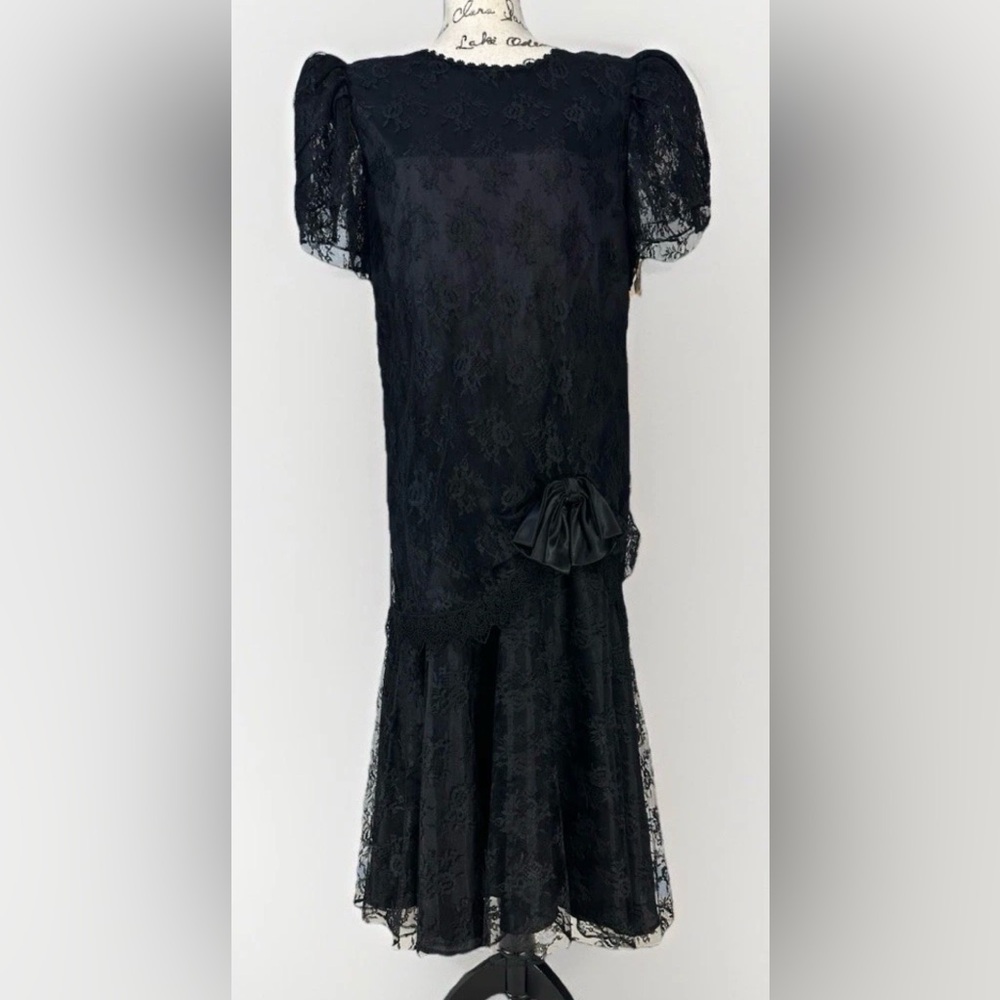 Vintage 80s Michael Marcella Lace Dress Victorian Black Size 14 New Prom Wedding